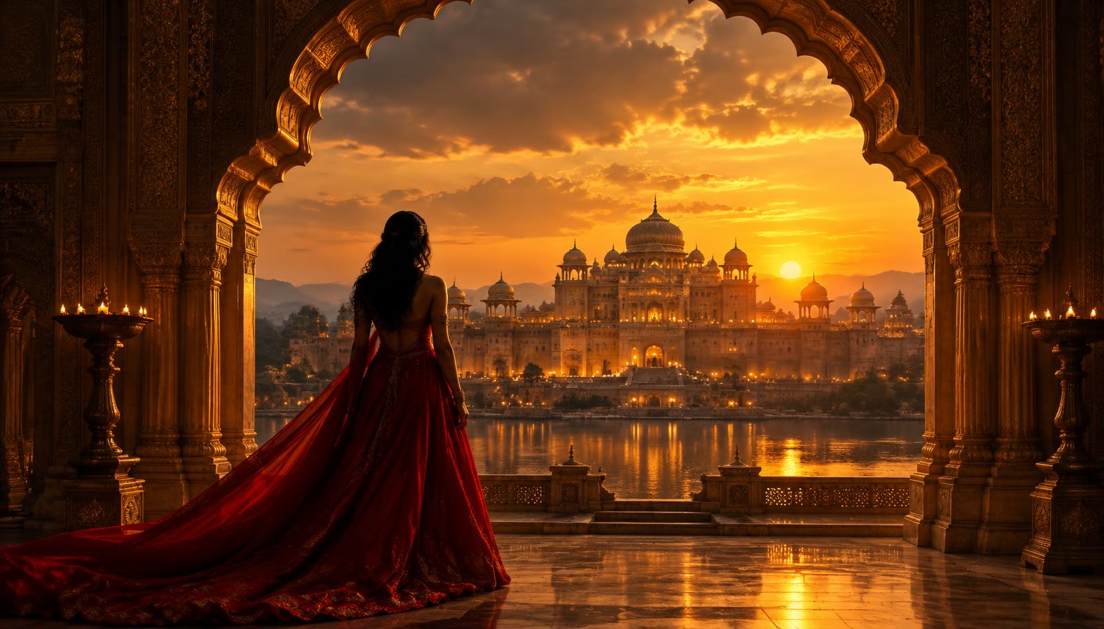 Woman in red gown overlooking a palace at sunset